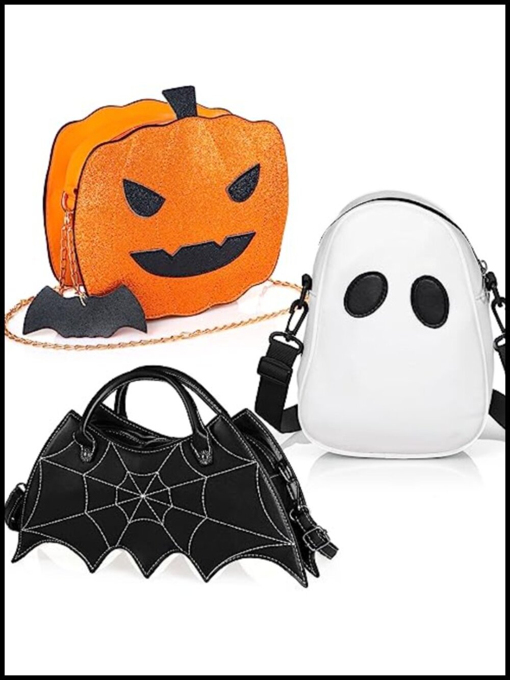 3 Pc PU Leather Halloween Shoulder Bag Set Bat Ghost Pumpkin Crossbody Purse
